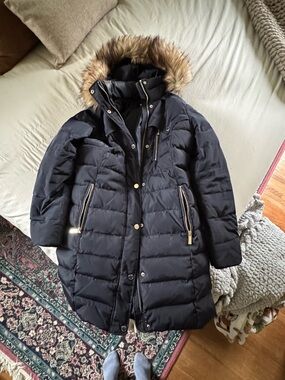 Michael Kors Navy Puffer Coat with Faux-Fur Trim - Women